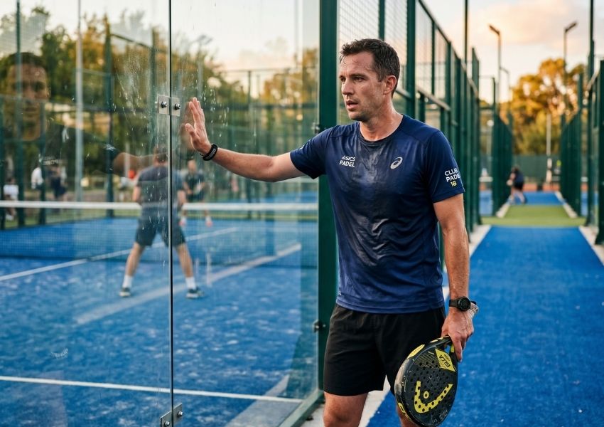 male padel player catching a breath at the side of the court